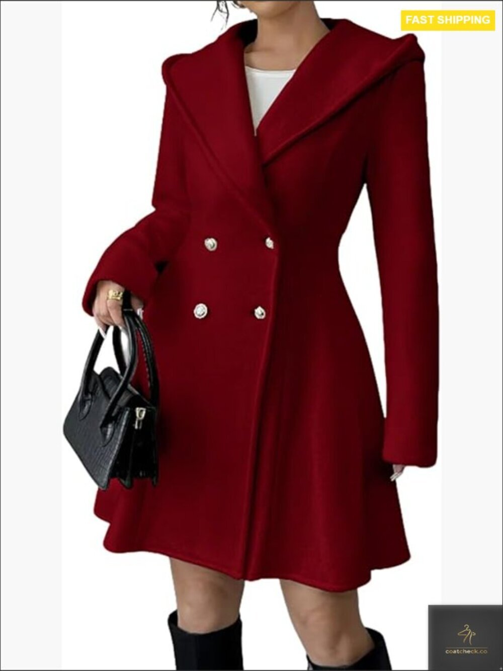 Double Breasted Wool Pea Coat Hooded A-Line Trench Coat Slim Fit Winter